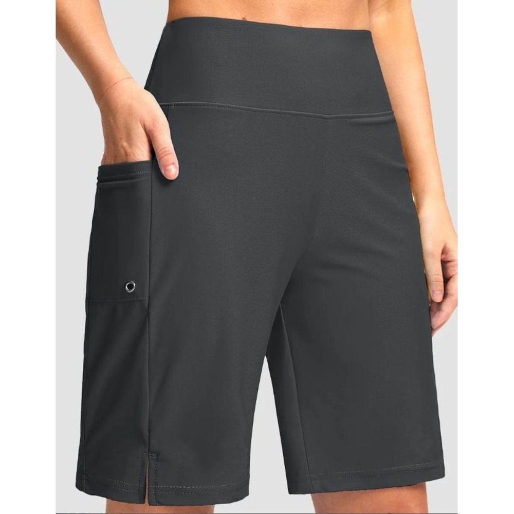 G Gradual Women's High Waist Lined Swim Short w/ Pockets 7" - Dark Grey - M